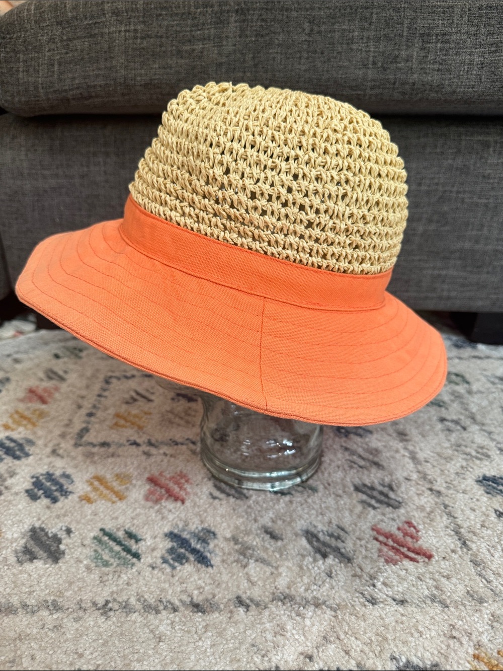 Vintage Y2K Tropical Trends Crochet Straw Sun Hat Coral Peach Wide Brim